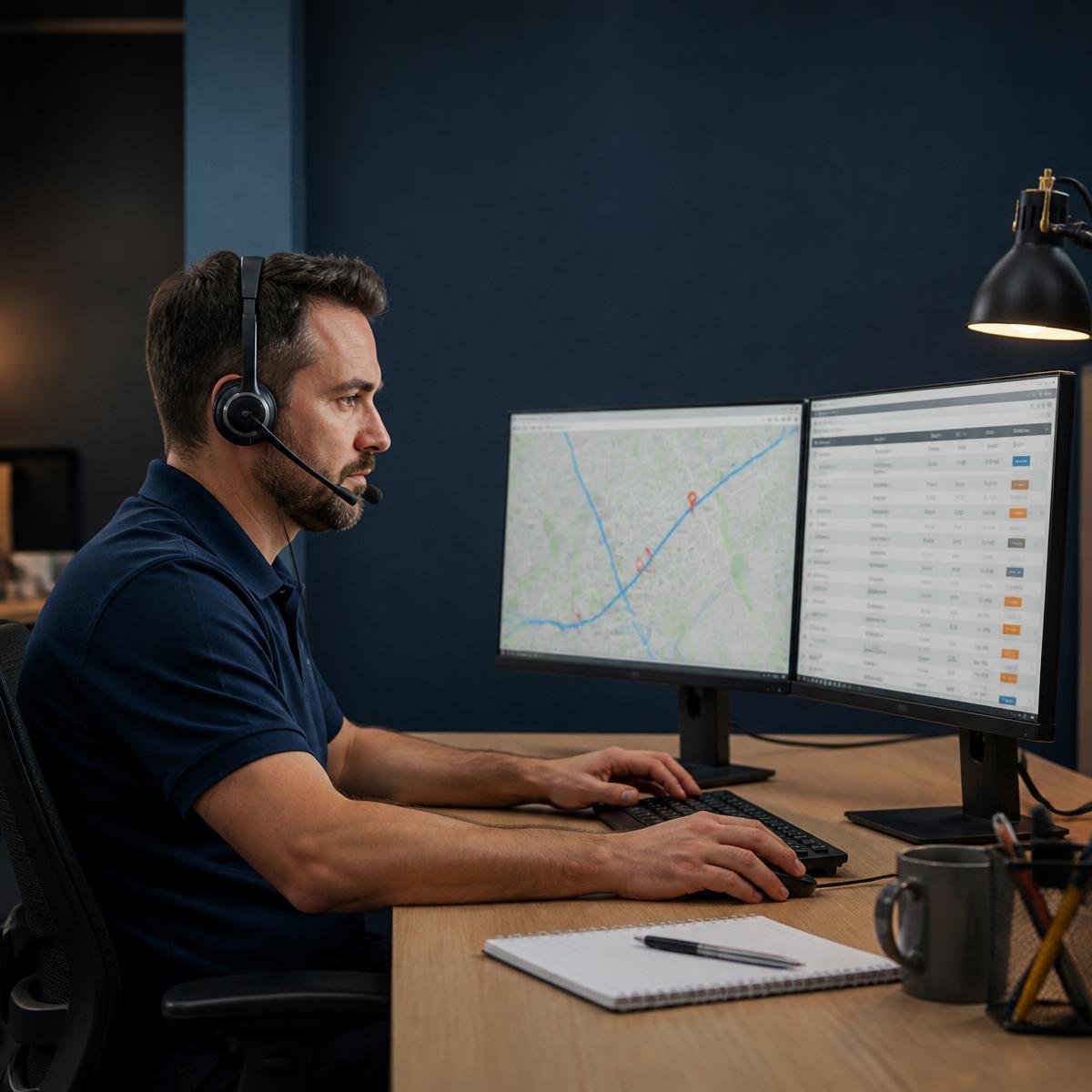 Dispatcher on a headset reviewing routes and load listings on dual monitors