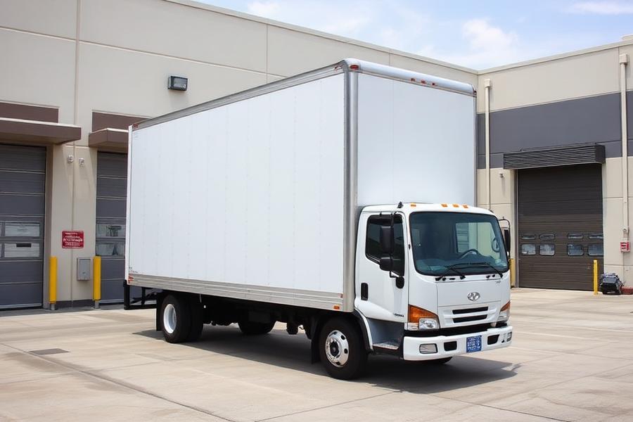 White 26-foot box truck with liftgate parked at a warehouse dock