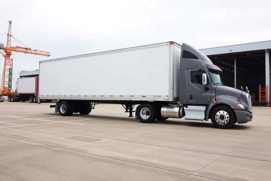 White 53-foot dry van trailer coupled to a tractor at a freight terminal