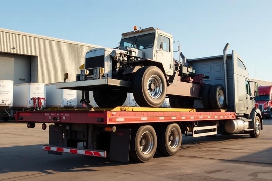 Step deck trailer with a lowered deck carrying heavy machinery